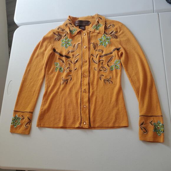 Double D Ranch Sweater Womens Small Yellow Embroidered Beaded Floral Western - Picture 1 of 10